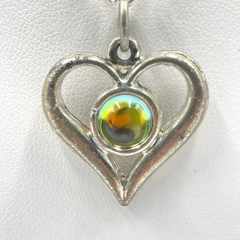 Vintage Y2K Silver Tone Open Heart Dichroic Glass Cabochon Pendant Necklace